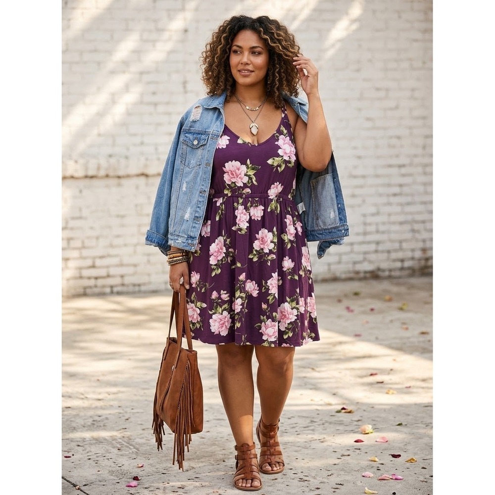 Torrid Super Soft Knits Purple Pink Floral Strappy Skater Dress Plus Size 4X